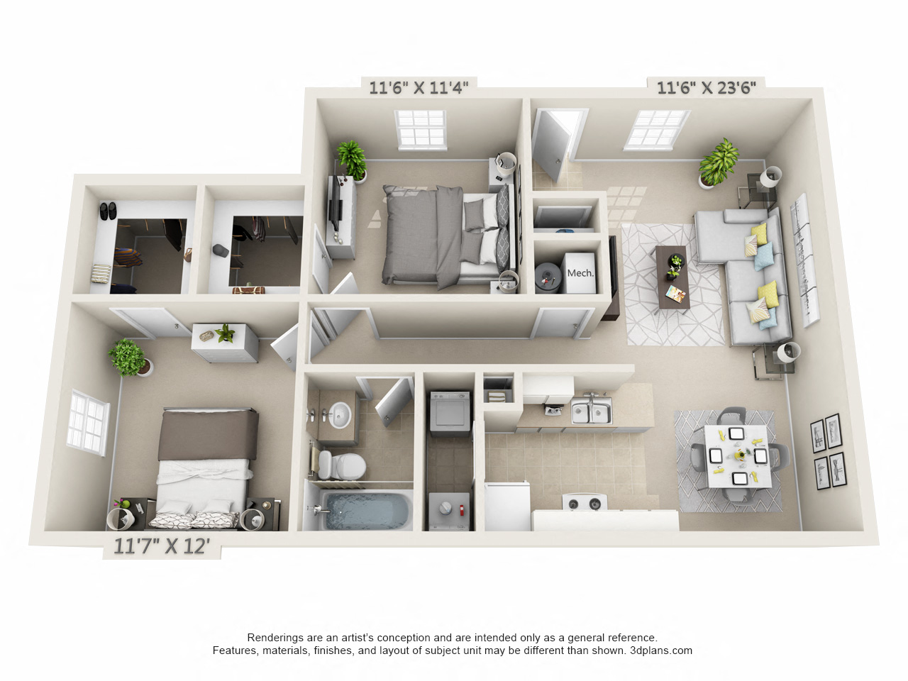 Floor plan for 2 beds, 1 bath, 890 sqft